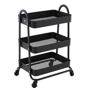3-Tier Rolling Utility Cart, Black Steel Storage Trolley with 4 Wheels and 2 Locking Casters, 16.9 x 13.4 x 31.1 in