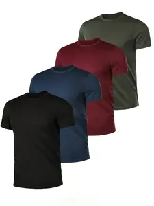 Men's Breathable Solid Color T-Shirt Set, Quick-Dry Short Sleeve, Fitted Round Neck, Sporty Style, Activewear, Gym Shirts, All Seasons, 4 Pieces