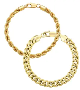 Gold Bracelet Combo Set for Men - 14K Gold 9mm Curb Bracelet + 6mm Rope