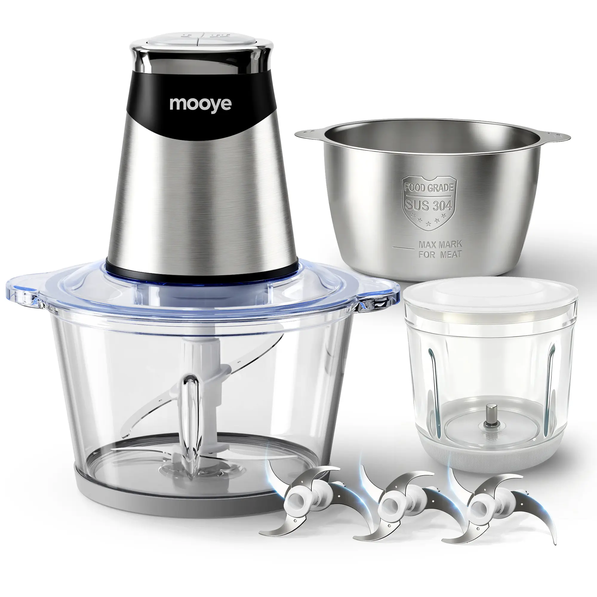 Mooye Food Processors Multifunctional Food Chopper  Bowls(8Cup+8Cup+3Cup) with Powerful Copper Motor  | Grind Meat, Veggies & Garlic|Nuts | Easy to Clean | Perfect for Home Cooking