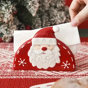 Christmas Santa Claus Ceramic Napkin & Tissue Holder, and Embossed Design, Festive Table Decoration, Holiday Party Centerpiece