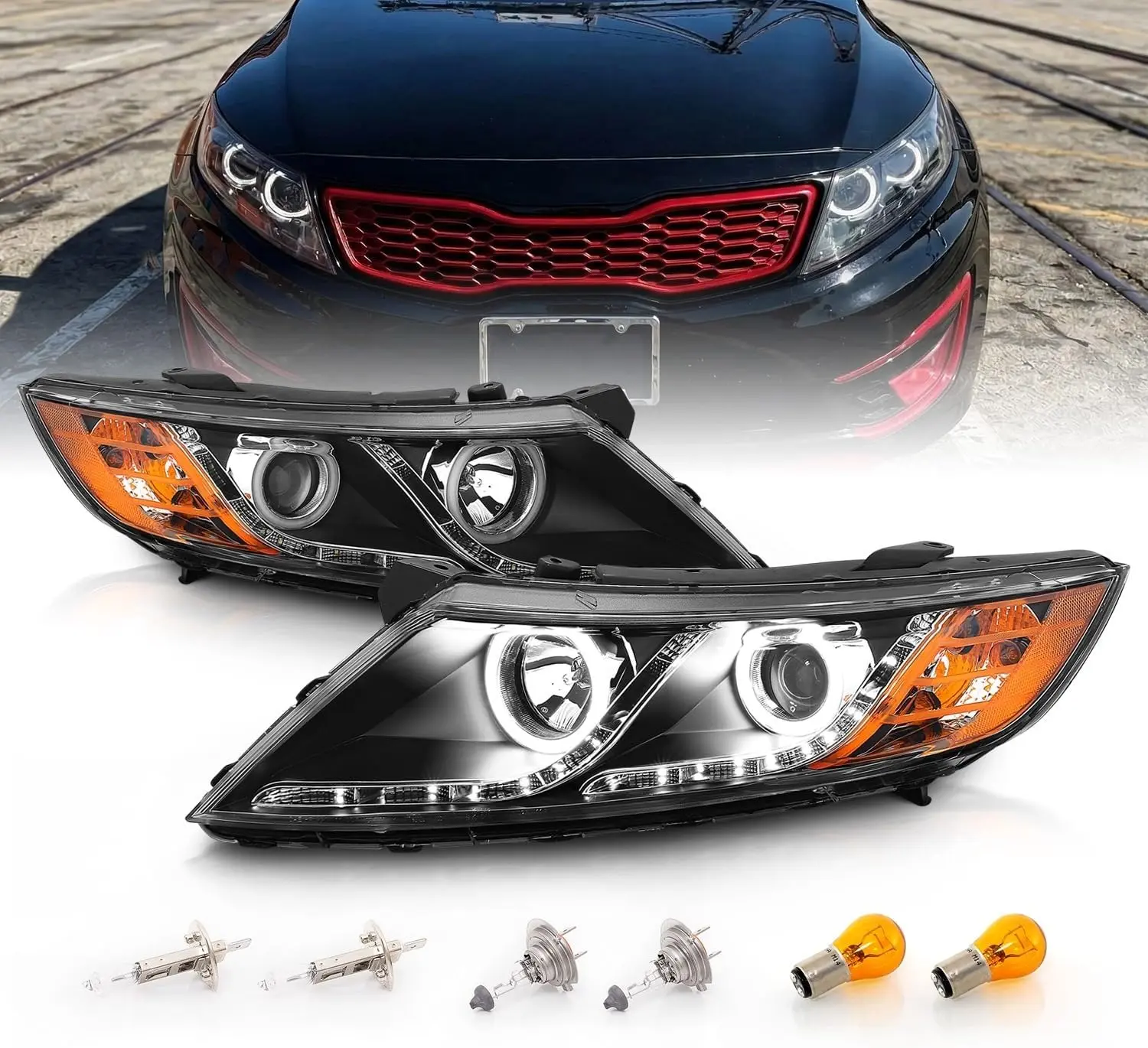 AmeriLite for 2011-2015 Kia Optima Halogen Model Xtreme LED Halo Rings Projector Black Replacement Headlights Set - Driver and Passenger Side
