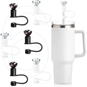 6PCS Bling Diamond Straw Topper Gift Cup Accessories 40&30oz Reusable Bling Diamond Straw Cap Cover Charms for Tumbler Suitable for 10mm Pipe Topper Decoration(Black, White)