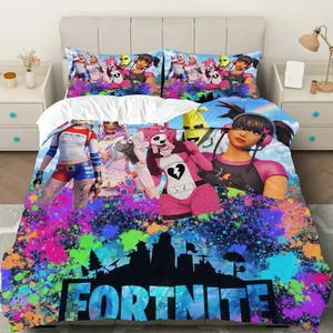 3PCS Duvet Cover Set, 1 Duvet+2 Pillowcases(Without filler), Fortnite Gamer Battle Royale Characters Colorful Splatter theme, Birthday bedding set, Gaming Bedroom  Room Teen Room Playroom Decoration.