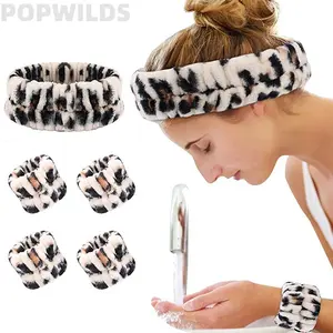 Leopard Print Bow Spa Headband Set for Women, Cute Plush Makeup Hair Wrap with Absorbent Wrist Wash Bands, Soft Skincare Face Washing Headband, 3D Bow Hair Accessory for Shower, Beauty Routine, Spa Days & Self Care Gifts