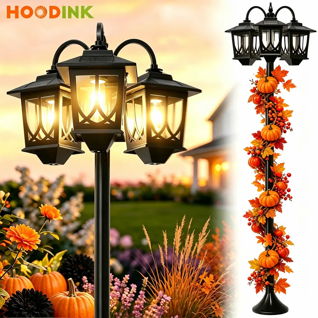 Hoodink Solar Lamp Post, Solarlights with 3-head, Outdoorlighting, Waterproof Outdoor Lamp Post Lights, Solar Outdoor Lights for Lawn, Pathway, Yard, Front/ Back Door, 60 Lumens,Decoration,dorm essentials,home decor,home essentials,camping essentials