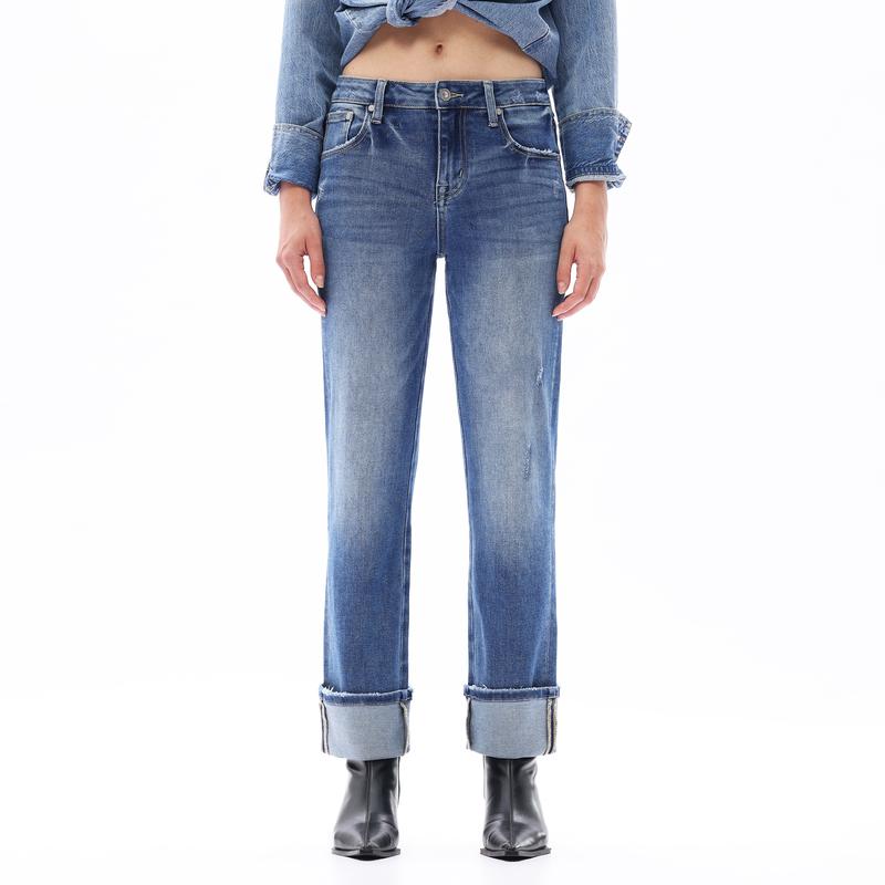 ONESO Vintage Straight Leg Jeans for Women Mid-Rise Cropped Cuffed Figure-Enhancing Stretch Denim with Tummy Control & Casual Boyfriend Fit Y2K Inspired Distressed Ankle Jeans