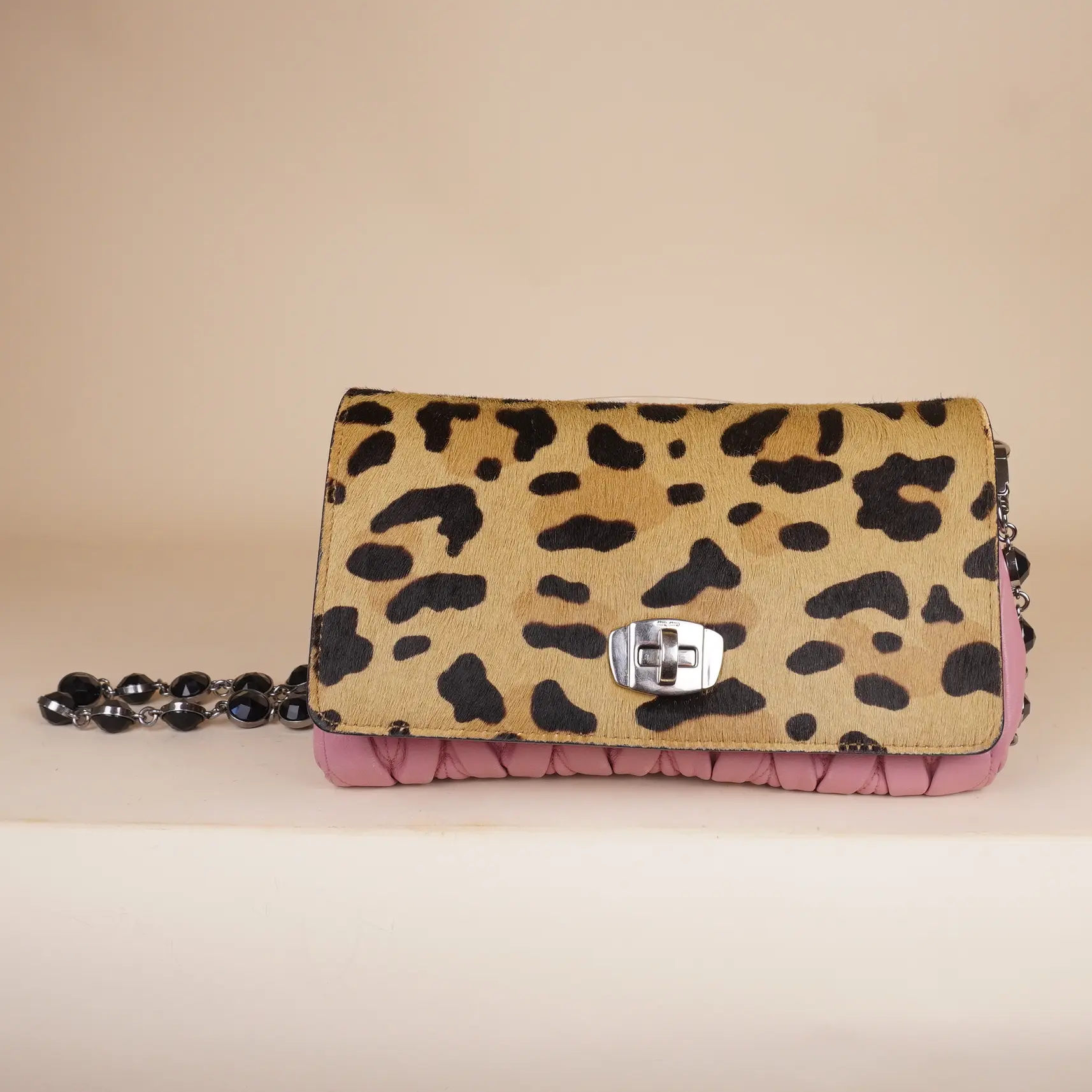 Pre-owned miu miu Cavallino & Matelasse Leather Shoulder Bags Cavallino Calf Hair Leopard Print Nappa Matelasse Crystal Chain Shoulder Bag
