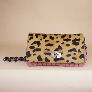 Pre-owned miu miu Cavallino & Matelasse Leather Shoulder Bags Cavallino Calf Hair Leopard Print Nappa Matelasse Crystal Chain Shoulder Bag