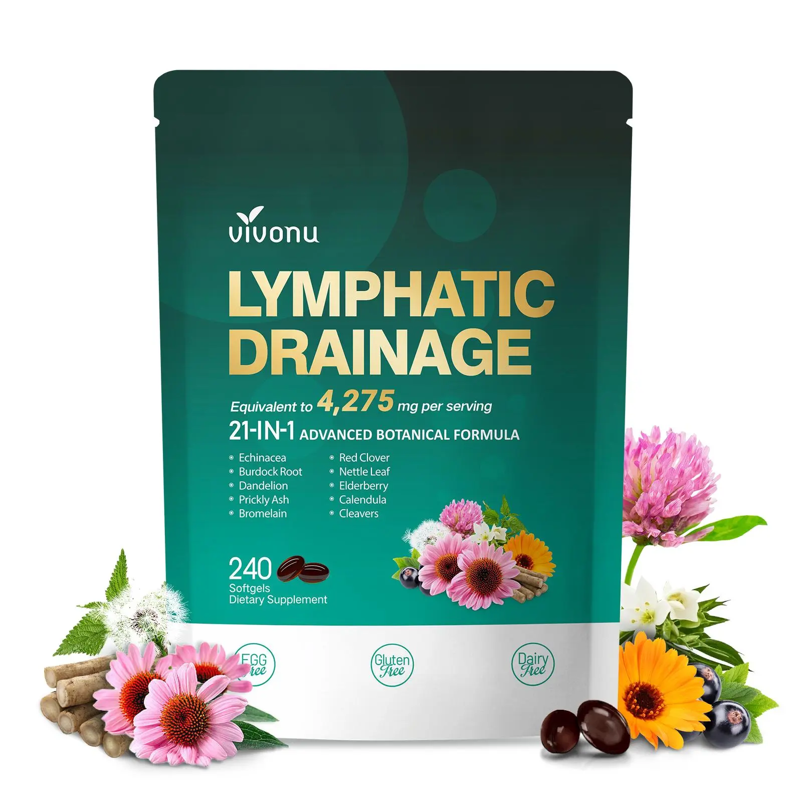 VivoNu  Lymphatic- Supports Lymphatic Circulation | Detox & Reduces Swelling | Key Ingredients: Echinacea, Dandelion, Nettle, Burdock, Calendula, Red Clover | 240 Capsules | Supports Immune System & Metabolism