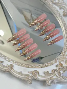 10PCS Handmade Super Long Press On Nails/Reinstone Long Nails/Elegant Nails/Party Nails/Light Pink Nails/Bling Nails
