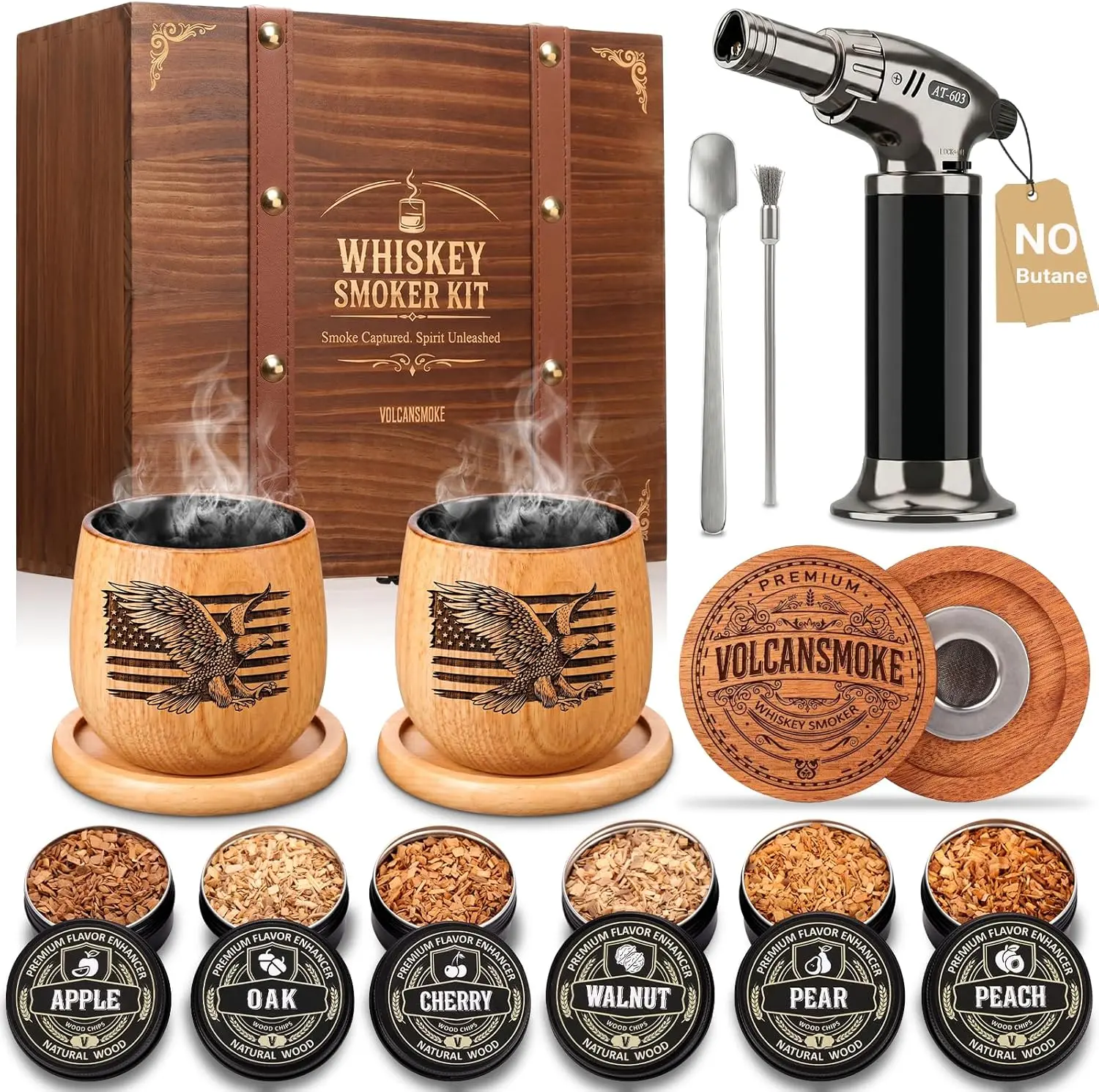 Whiskey Smoker Kit with Torch - Old Fashioned Cocktail Smoker Kit with Bourbon Glasses, 6 Flavors Wood Chips, Birthday Gift for Men, Dad, Whiskey & Bourbon Lovers (No Butane)