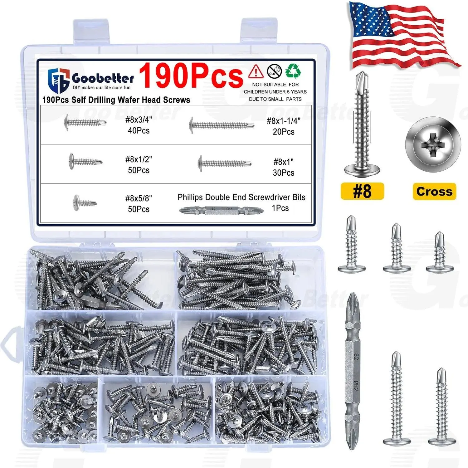 #8 Stainless Steel Wafer Head Sheet Metal Screws Assortment Kit (190pcs)