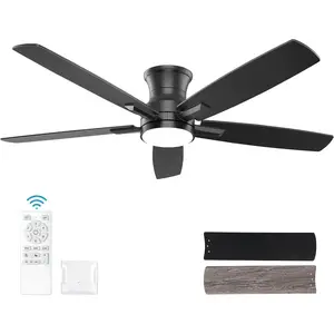 52 Inch Flush Mount Black Ceiling Fan with Light and Remote Control.Noiseless,Dimmable,3CCT,6 Speeds Reversible, Low Profile DC Ceiling Fans for Indoor or Covered Outdoor Use,ETL Listed