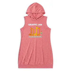 Cute Hooded Tank Dress with Giraffe Cartoon – 100% Comfort, Sleeveless Crew Neck, Ideal for Motorcycle Rides and Casual Outings