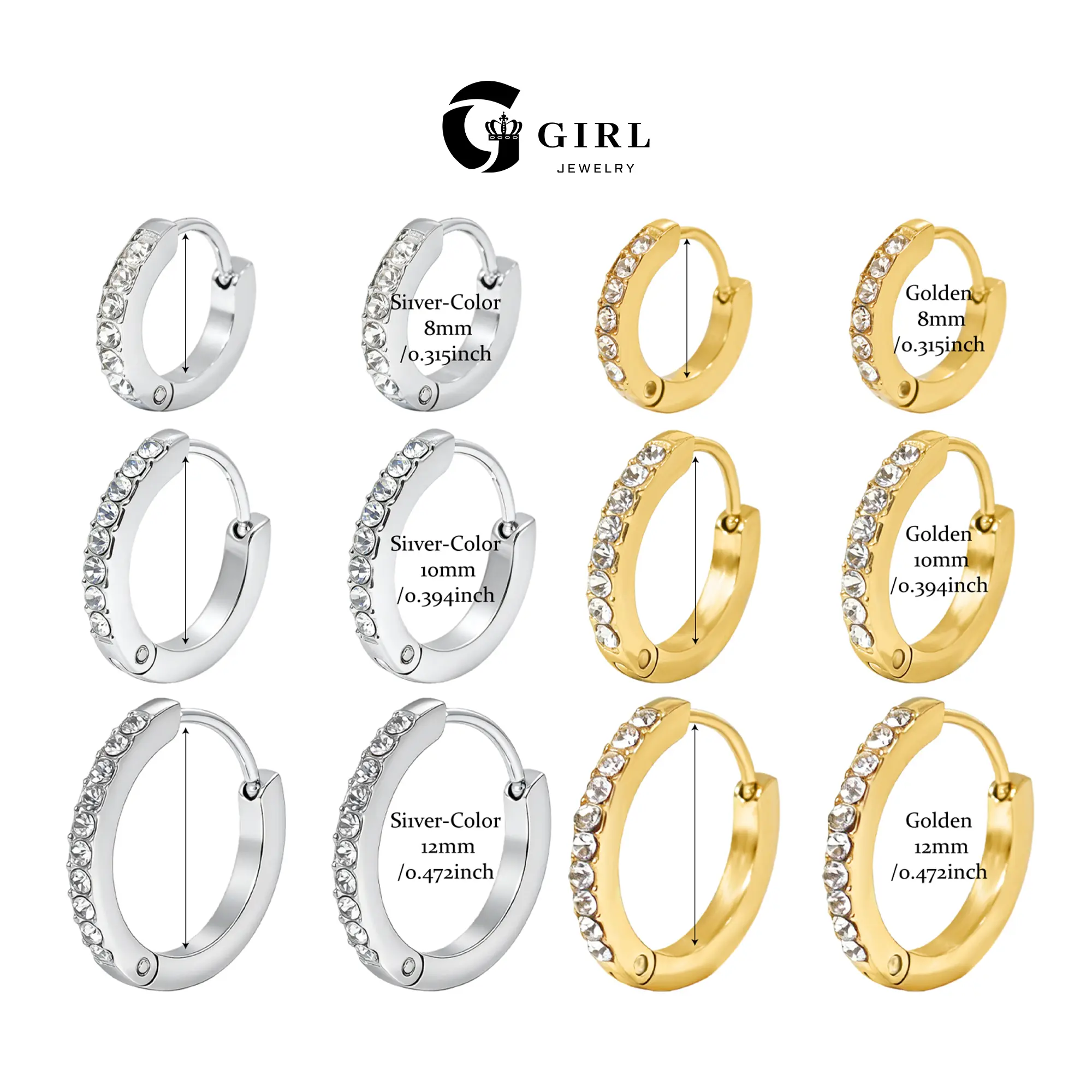 GGIRL Stainless Steel 18k Gold Plated Multi-Specification 8mm/10mm/12mm Exquisite Cubic Zircon Auricular Cartilage Small Hoop Earrings For Women&Men Punk Personality Chic Ear Bone Piercing Stacked Versatile Ear Decor, Daily Party Jewelry,Ideal Gift Giving