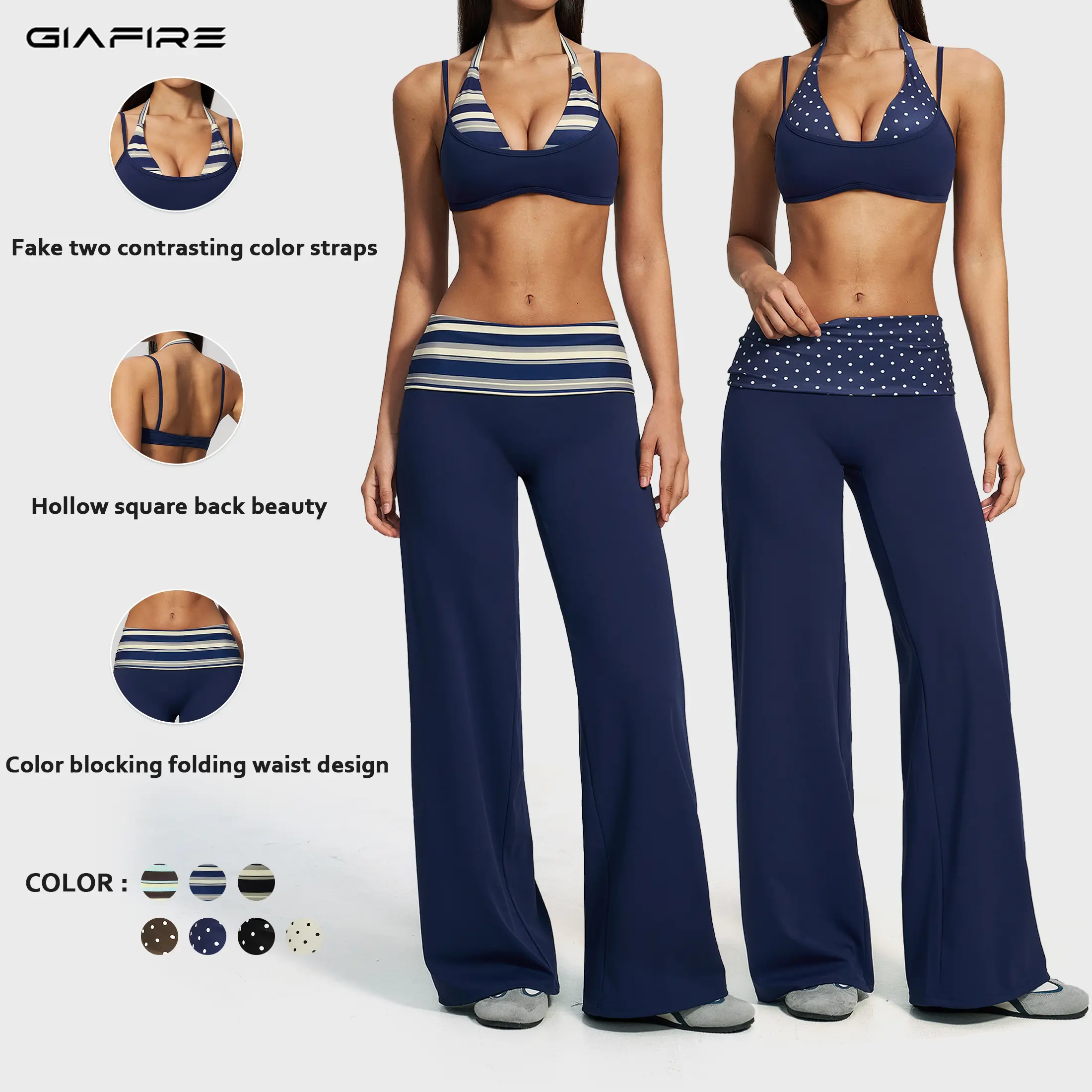 GIAFIRE Women's 2-Piece Casual Athletic Set Ultra-stretchy, breathable and soft yoga outfit, consisting of a halter spliced striped/polka dot sports bra and high-waisted hip-lifting ruched wide-leg pants. Perfect for Pilates, gym workouts and daily wear.