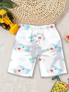 Boys' Casual Shorts "Soft and Cute White and Blue Shark Full Print Style" Quick-Drying Beach Shorts, Soft and Comfortable without Binding the Skin, Suitable for Beach Vacation / Daily Water Play / Outdoor Play