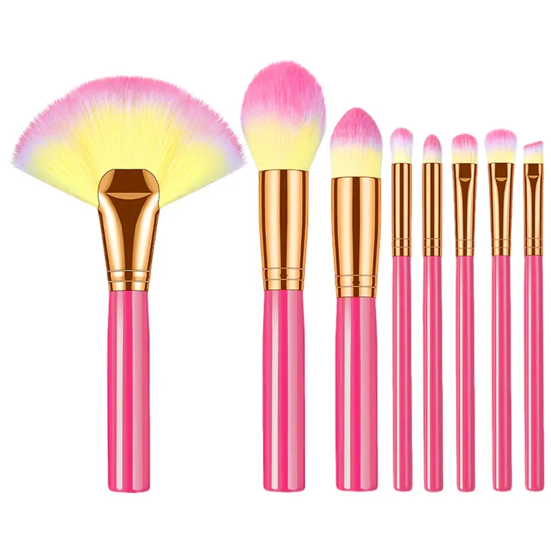 8Pcs Colorful Gradient Makeup Brushes Set, Pink Handle Rainbow Synthetic Bristles, Professional Face & Eye Cosmetic Brushes Kit for Blush Powder Eyeshadow
