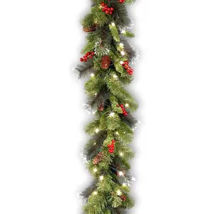 9 ft Pre-Lit Crestwood Spruce Artificial Christmas Garland, Christmas Decoration with Glitter, Pinecones, Red Berries, 50 Clear Lights, 180 Tips, Green