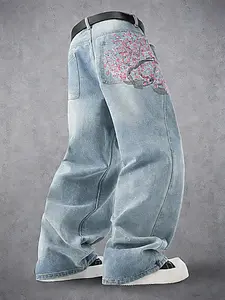 Men's Vintage Y2K Style Loose Fit Light Wash Denim Jeans, Floral Embroidery Straight Leg Jeans, Street Fashion Streetwear Hip Hop Boyfriend Pants