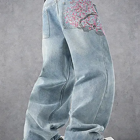 Men's Vintage Y2K Style Loose Wide Leg Jeans, Cherry Blossom Floral Embroidery, Pocket embroidery is not available, Street Fashion, Streetwear, Hip Hop Boyfriend Pants, All Seasons