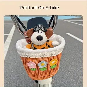 1pc Vintage Bicycle Basket with Floral Liner & Lace - Heavy-Duty Polypropylene Fiber Construction, Brown Wicker-Look Handlebar Basket with Sturdy Frame Mount for Classic Bicycles, Scooters, E- - Multifunctional Storage for Shopping, Commute, Picnic - Rus