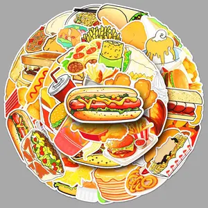 50 Pcs Fast Food Stickers Cartoon Food Chicken Burger Deco Waterproof Refrigerator Decor Hand Account Greeting Card Stickers