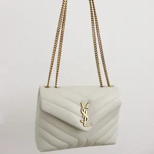 Pre-owned Yves Saint Laurent CALFSKIN LEATHER Crossbody Bags YSL Lou Lou Small Bag in Quilted Leather Authentic Vintage Blanc Color with Iconic Chevron Quilt Stitching