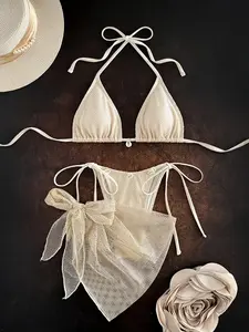 Women's Sexy Bikini Set, Halter Bikini Top, Mesh Fabric, Three-Piece Swimsuit Design, Perfect for Beachwear & Vacation Wear