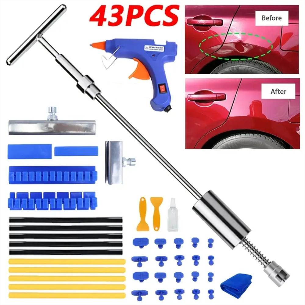 43pcs Car Dent Repair Tool Kit with Adjustable Long Reach, Paintless Dent Removal for Cars, Includes Spacer & Glue Gun -Without Battery