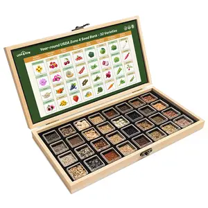 LUSH&DEW Year-Round USDA Zone 4 Seed Bank - 32 Organic Home Garden Seed Varieties for Temperate Climate Gardening with Wooden Storage Box & Grow Guide
