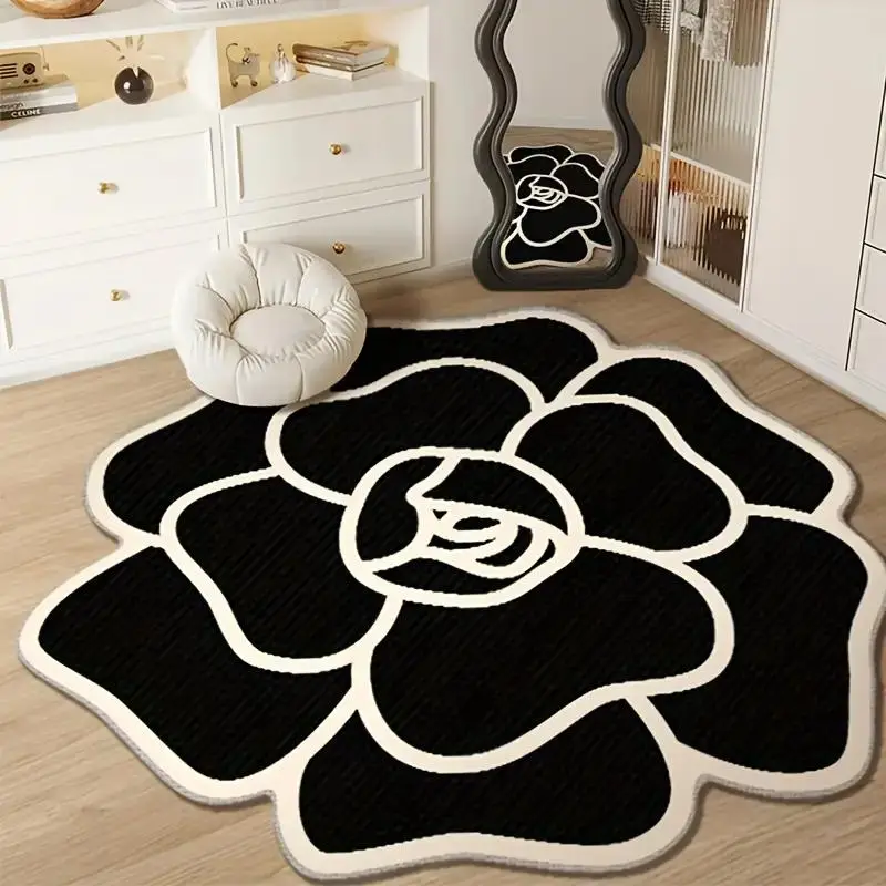 Camellia Shaped Decorative Fluffy Rug, Non-slip Soft Floor Mat, Decorative Carpet for Home Living Room Bedroom, Boho Floral Rug, Bedside Mat, Home Dec
