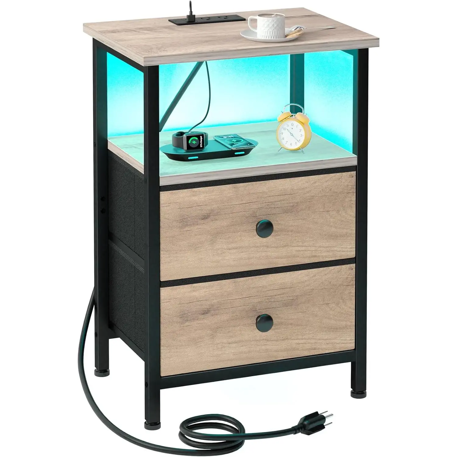 Nightstand with  Station, End Table with 2 Fabric Drawers, LED Night Stand for Bedroom, Small Bed Side Table with USB Ports and Outlets for Living Room, Grey, HETS02GY-1
