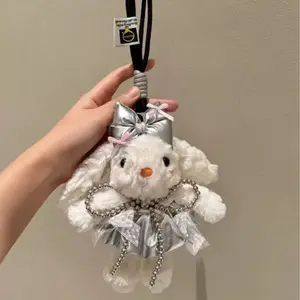 Cute Silver‑Dress Ballet Bunny Plush Charm, Fluffy Long‑Ear Rabbit Bag Pendant with Bow & Pearl Chain, Kawaii Girly‑Style Animal Keychain