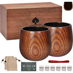 PIOK&GO Charred Wooden Whiskey Glass Set of 2 – Durable Bourbon Glass for Men, Insulated Old Fashioned Glass – Whiskey Gifts for Husband, Dad, Brother – Birthday, Christmas, Father's Day