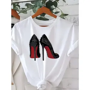 Black Studded Stiletto Heels Graphic Tee Womens Trendy Streetwear Casual Short Sleeve Crewneck Soft Cotton Cute Outfit Top For Going Out
