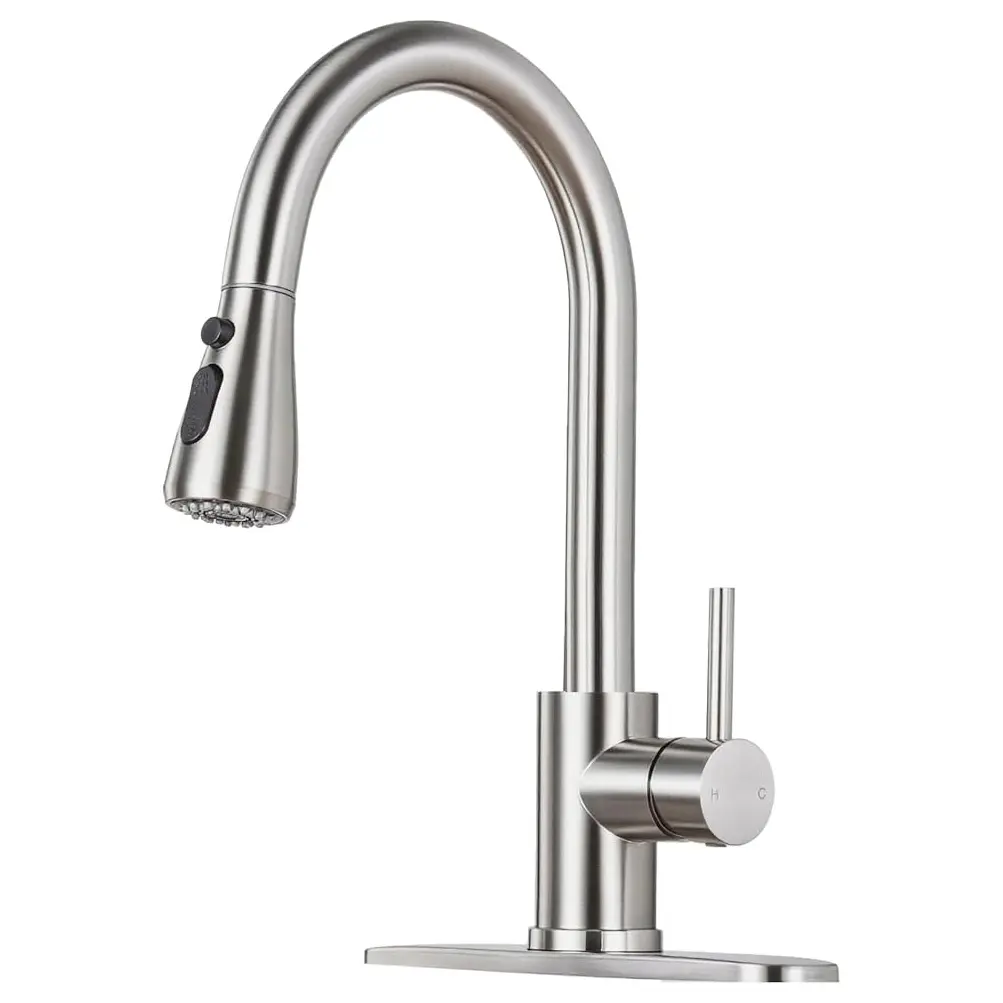 Brushed Nickel Kitchen Faucet with Pull Down Sprayer,Classic High Arc, Single Handle Kitchen Sink Faucet, Deck Plate for 1 or 3 Hole, Suitable for Farmhouse Camper Laundry Rv Bar