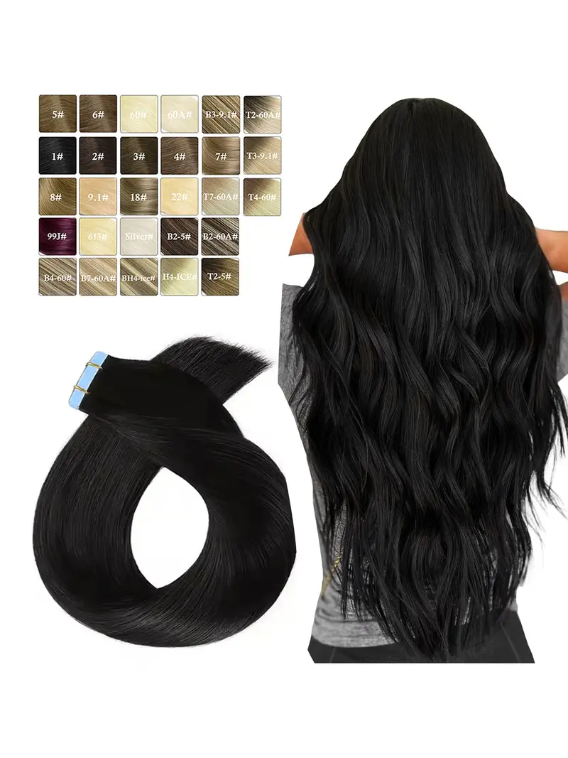 28 Inch Human Hair Tape-In Extensions, 50g, Seamless Skin Weft, 20 Pieces Kinky Straight Tape in Human Hair Extensions 28Inch Natural  main image 3