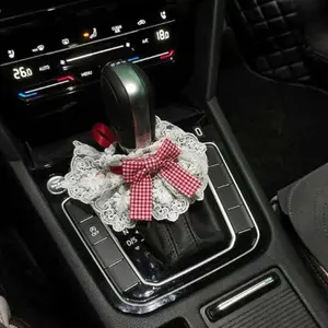 Cute Lace Gear Shift Cover with Gingham Bow, Decorative Car Interior Shifter Cover, Anti-Dust Sleeve, Girly Style Car Accessory
