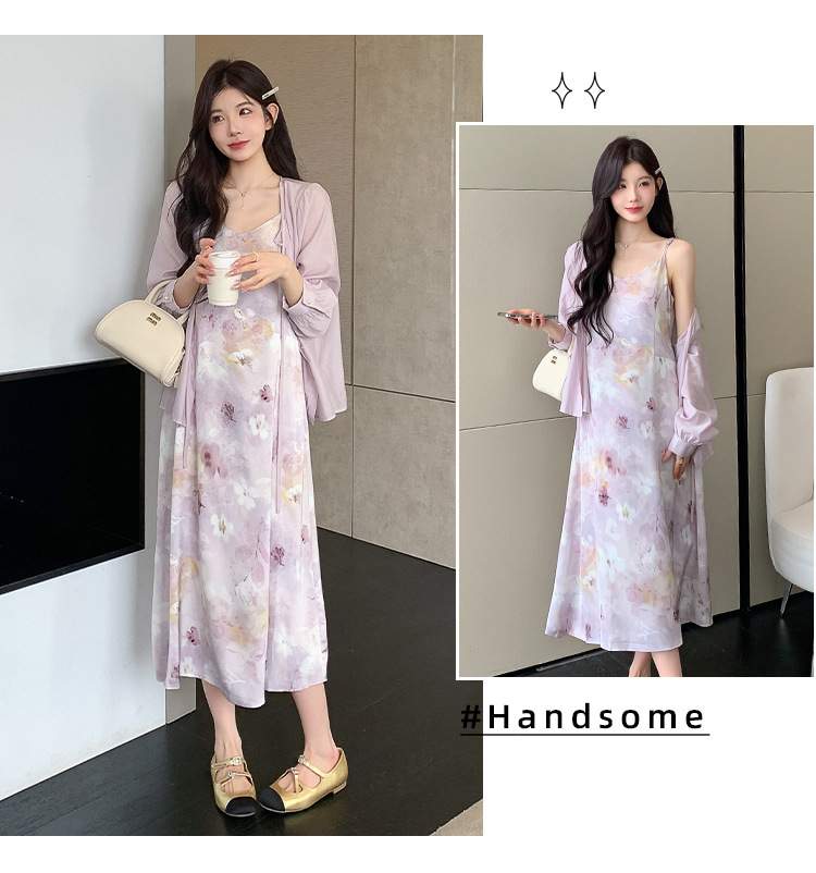 Sweet And Gentle Style Purple Printed Slip Dress Shirt And Cardigan Two-Piece Set