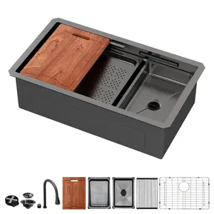 Lordear 33 INCH Waterfall Kitchen Sink Single Bowl Undermount Kitchen Sink 16 Gauge Stainless Steel Workstation Sink With Glass Rinser,Faucet