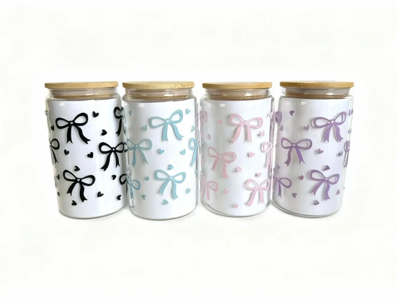 16oz Reusable Washable Glass Beverage Tumbler with Black-Pink-Purple Bow Colors, Portable Kitchenware Drinkware with Lid+Straw, 4 Color Options (Black, Blue, Pink, Purple), Gift Idea for Friends