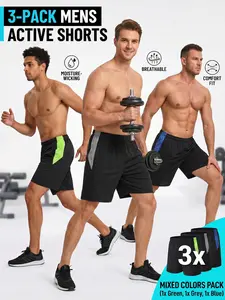 Men's 3-Pack Active Performance Shorts - Quick-Dry Gym Workout Shorts with Side Pockets, Loose Fit Running Athletic Mesh Panel Trunks Set (Green, Grey, Blue Accents) summergarden