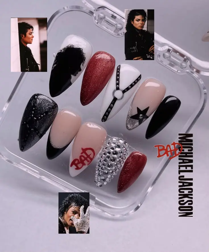 RMichaele Inspired Press On Nails Handmade 3D AJacksony Rhinestone Red Black White Pop Music Gel Press On Nails Reusable Custom | Free Adhesive Tabs Nail File & Cuticle Stick