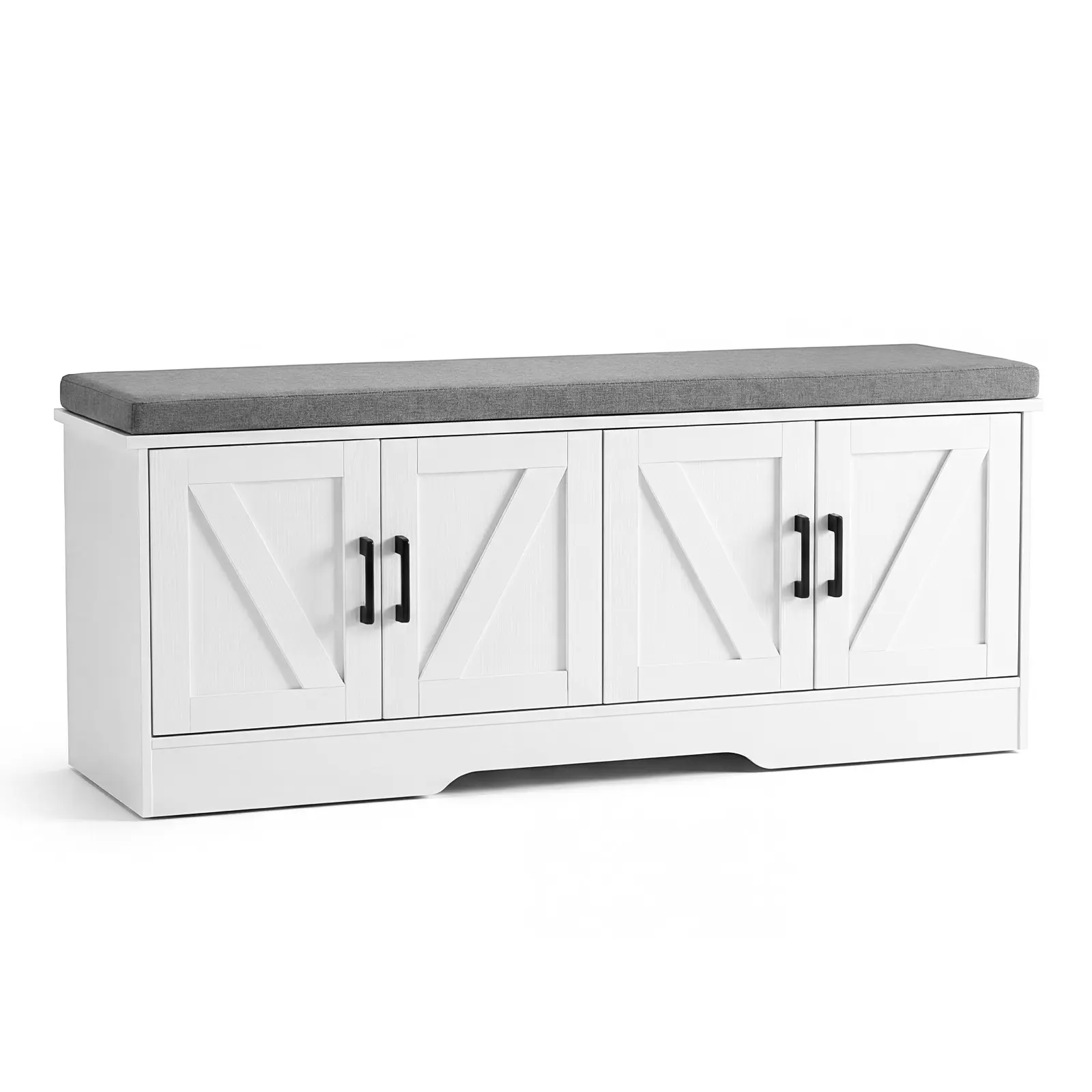 2 Tier Storage Bench 47.2 Inch Wide Shoe Bench with Padded Seat Cushion Entryway Bench with 4 Barn Doors and Adjustable Shelf for Hallway Living Room and Bedroom