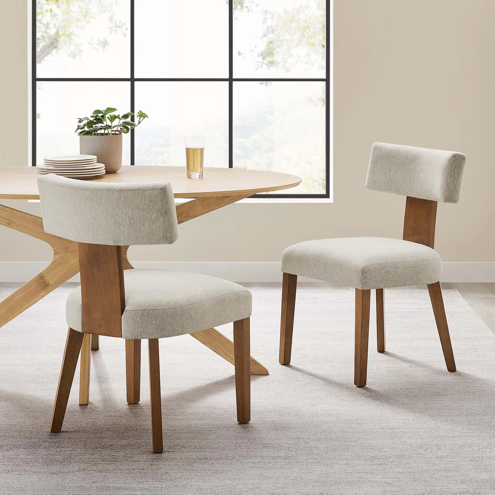 Modway Nalani Modern Minimal Wood Indoor Dining Chairs - Set of 2, Heathered Weave, Ivory and Deep Brown Furniture, Armless Dining Room Furniture