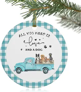2024 Christmas Ornament Xmas Tree Hanging Accessories,Turquoise Truck Farm Dog Buffalo Plaid Christmas Tree Round Ceramic Ornaments for Holiday Party Home Decor,Country Animal Puppy