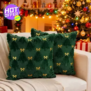 2 Set Christmas Tree Pillow Covers 18 x 18 inch Red and Green Bow Soft Plush Faux Fur Wool Decorative Throw Pillow Pillowcases for Farmhouse Holiday Winter Home Decor