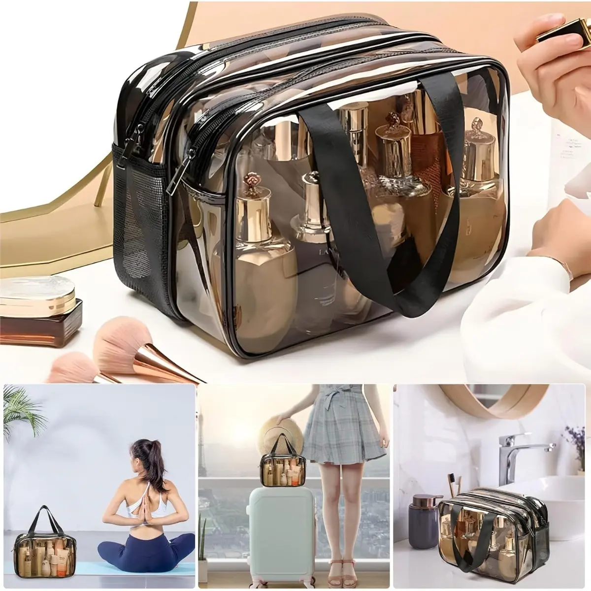 luxury travel pouch Clear Large Waterproof Clear Travel Bag for Toiletries - Transparent Makeup Bag with Double Zipper Design - TSA Compliant Carry-On for Men and Women